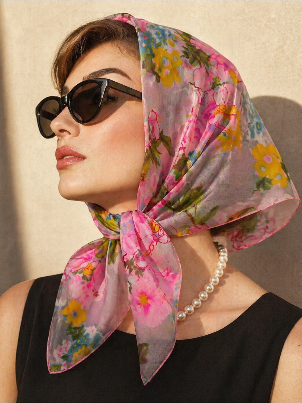 1960s Vintage Floral Nylon Scarf | Sheer Pink Boho Head or Neck Wrap